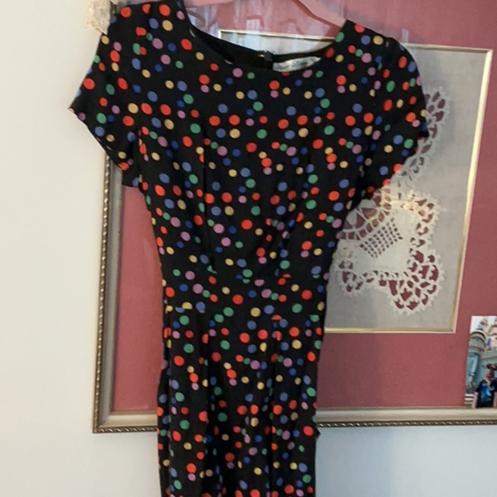 liberty Black Midi Dress with Red, Green, Blue, Purple & Orange Polka Dots